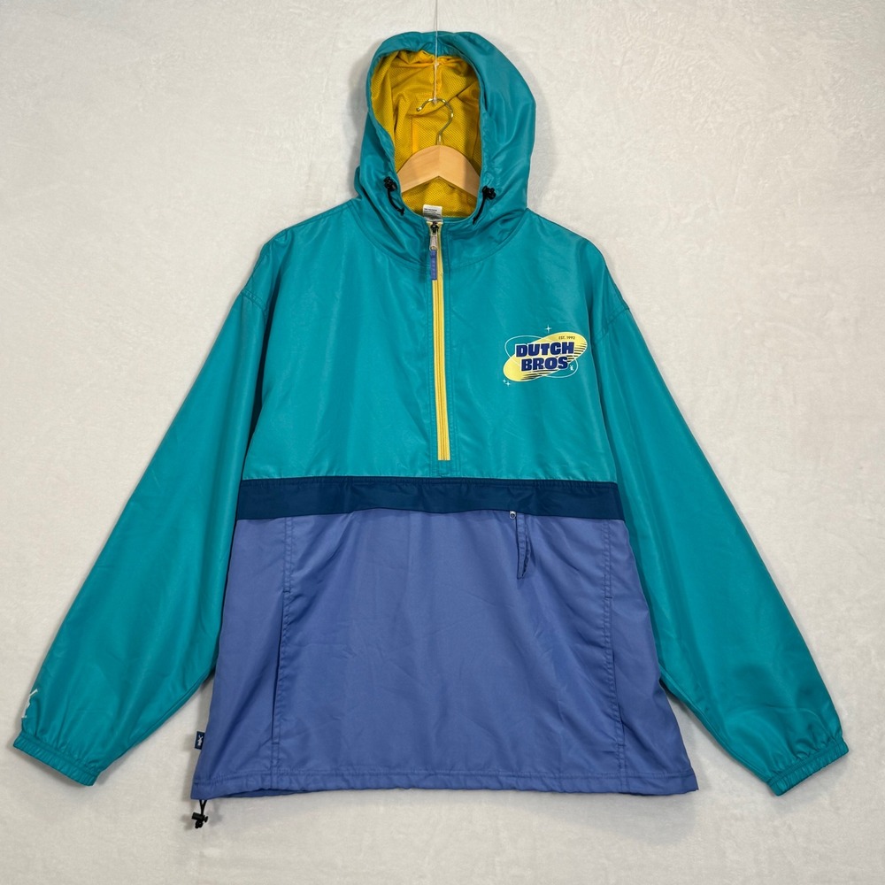 Dutch Bros Teal Blue Colorblock Hooded Windbreaker Anorak XL